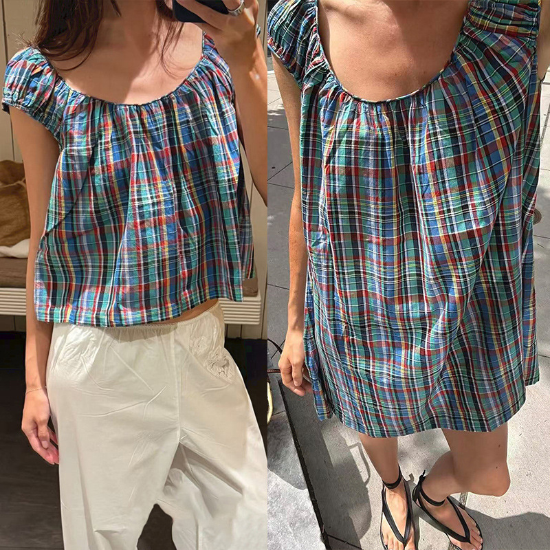 Robe ou haut sans manches à col rond pour femme, style rétro à carreaux Prairie Chic, coupe ample