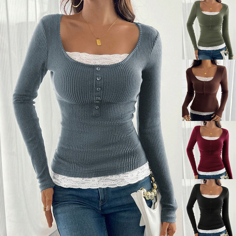 T-shirt femme 2025 automne/hiver Patchwork dentelle simple boutonnage coupe ajustée haut à manches longues T-shirt pulls femme