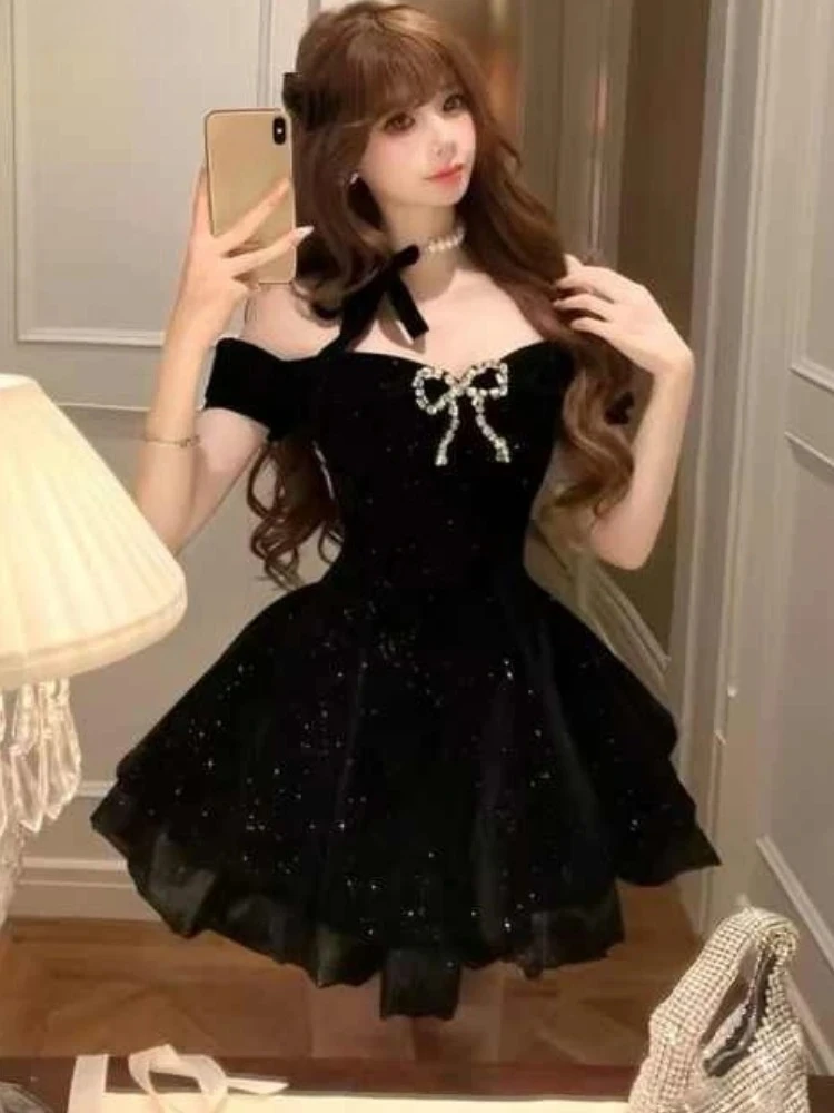 Robe de soirée noire gothique pour femmes, épaules dénudées, Vintage américain Y2k, Mini robe de bureau, tenues d'anniversaire coréennes