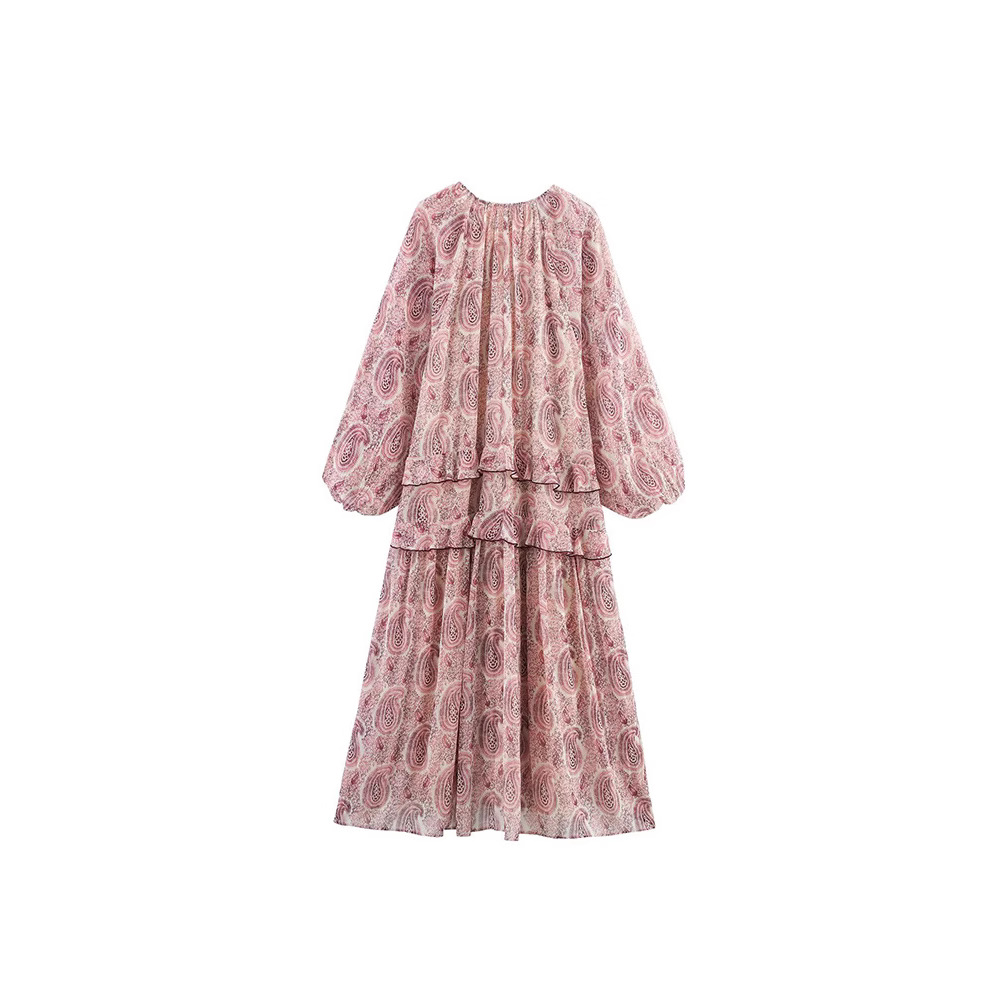 Robe MIDI d'été en mousseline de soie pour femmes, imprimé Vintage, col en v, volants en cascade, manches longues, vêtements de rue élégants, 2025