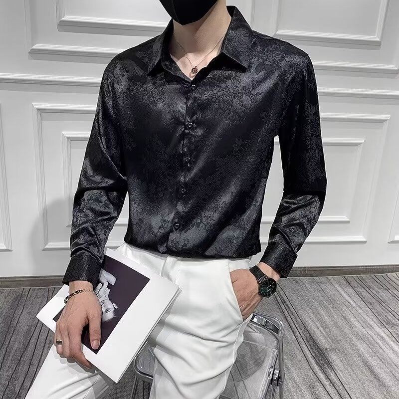Nouveaux hommes mode coréenne haute rue luxe affaires chemise décontractée printemps revers à manches longues noir blanc mince hauts Camisas De Hombre