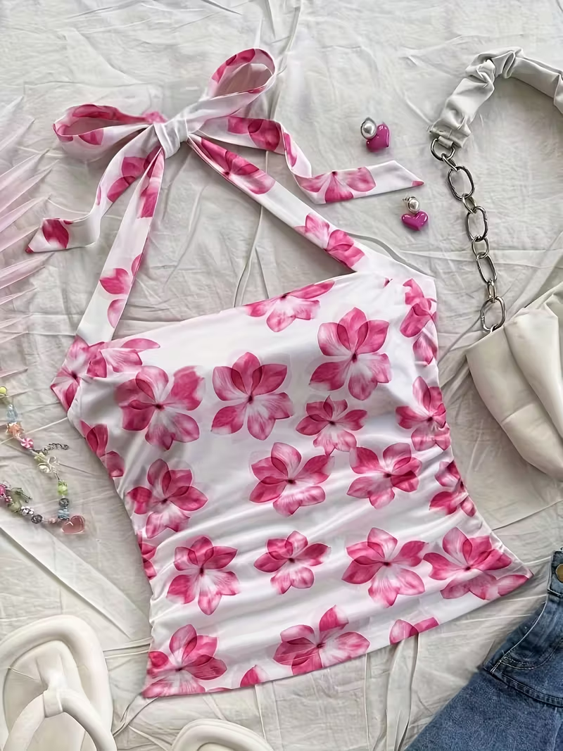 Top court d'été pour femmes, débardeur à fleurs roses, adapté aux filles au style vacances