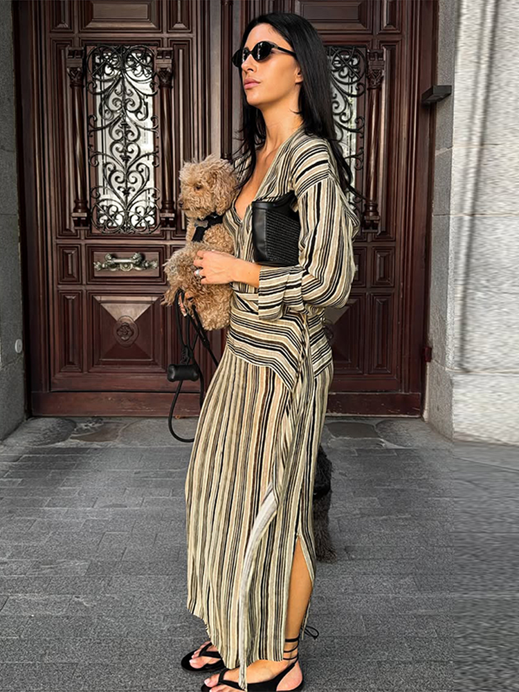 Nouvelle Robe Longue Décontractée Rayée pour Femme, Manches Longues, Col en V, Fente Latérale, Ceinture, Robes Féminines Tendance Été Automne 2026
