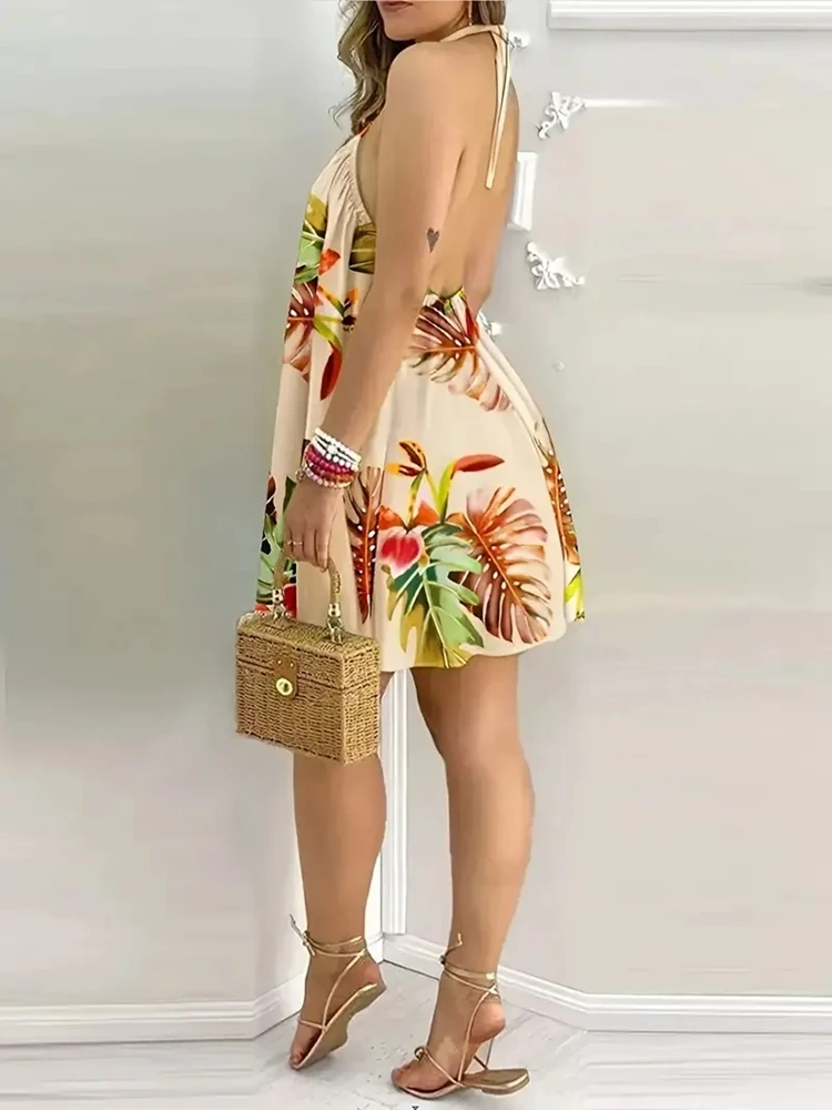 Robe d'été grande taille 1XL-5XL pour femmes, mode élégante, imprimé Floral, col licou, ample, décontractée, sans manches, robe de plage