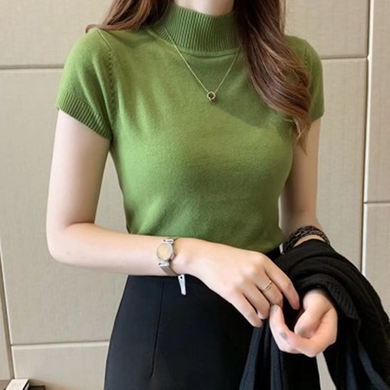T-Shirt à col mi-haut pour femmes, pull à la mode, hauts décontractés, Style coréen, vêtements élégants de couleur unie, saison printemps et été