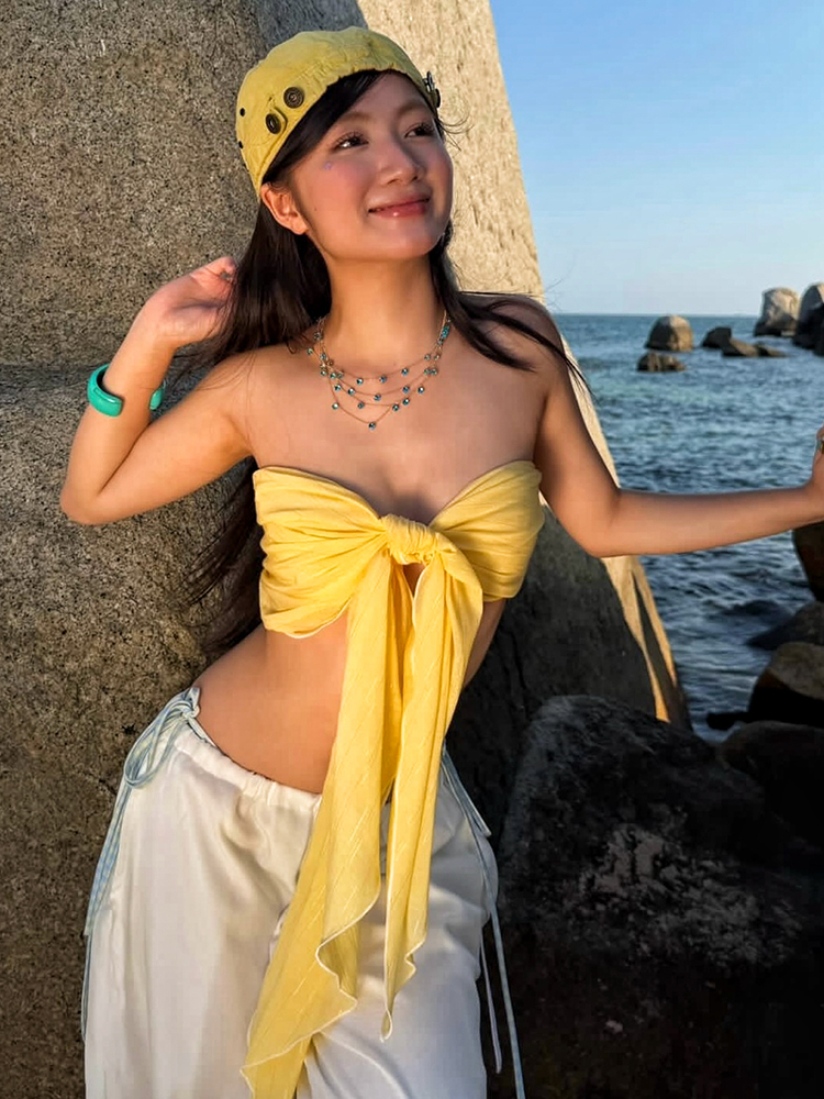Ibber Sexy vacances débardeur femmes tendance imprimer noeud bandages froncé dos nu sans manches sauvage Hottie Beach Party Club gilet