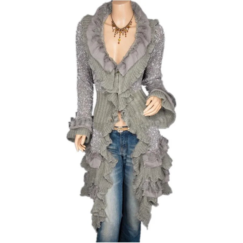 Cardigan long en tricot pour femme, veste mi-longue, manches évasées, dentelle à boutonnage simple, vintage