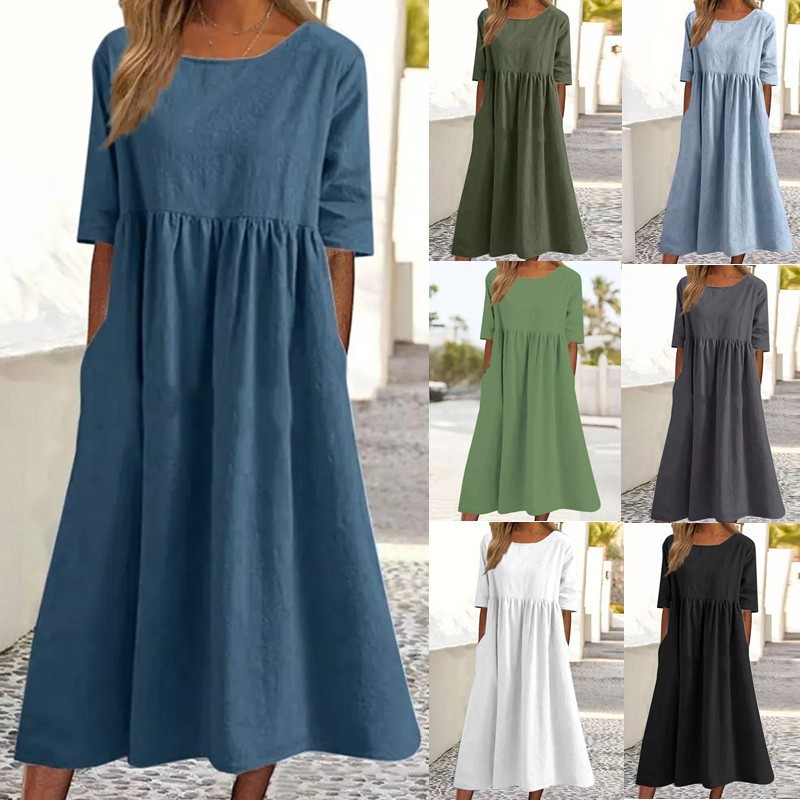 Robes pour femmes 2026 : Nouvelle robe décontractée en coton et lin à manches courtes, plissée, ample, col rond, avec poches – Vêtements féminins