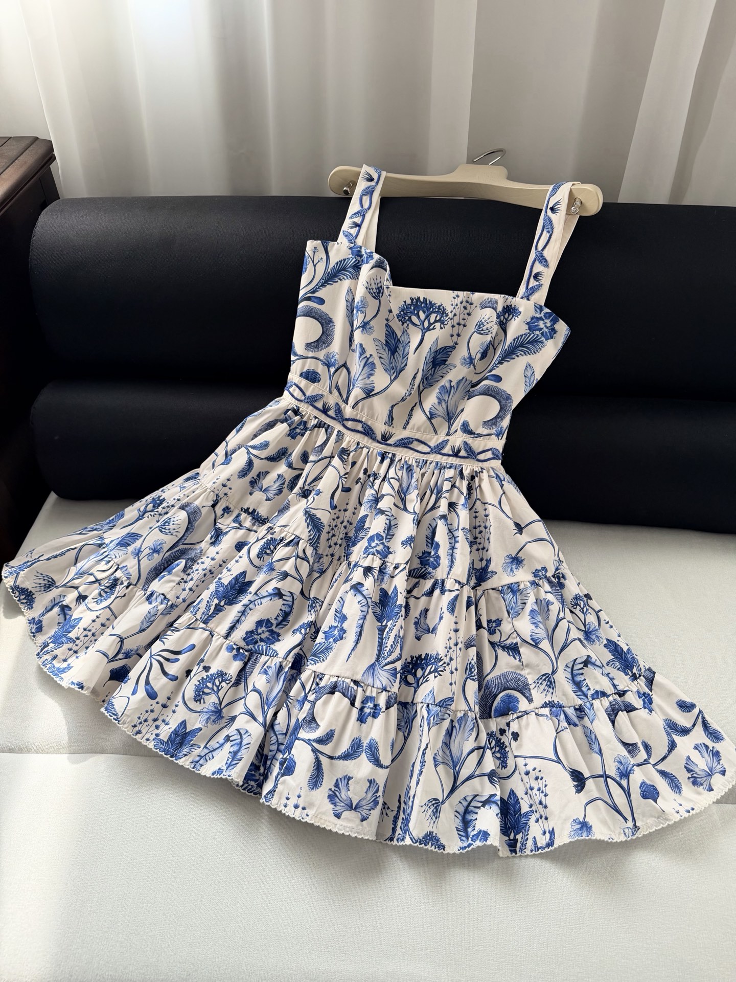 Robe débardeur pour femme, imprimé floral bleu, 100% coton, broderie, sans manches, taille haute, col carré, robe courte décontractée pour femmes