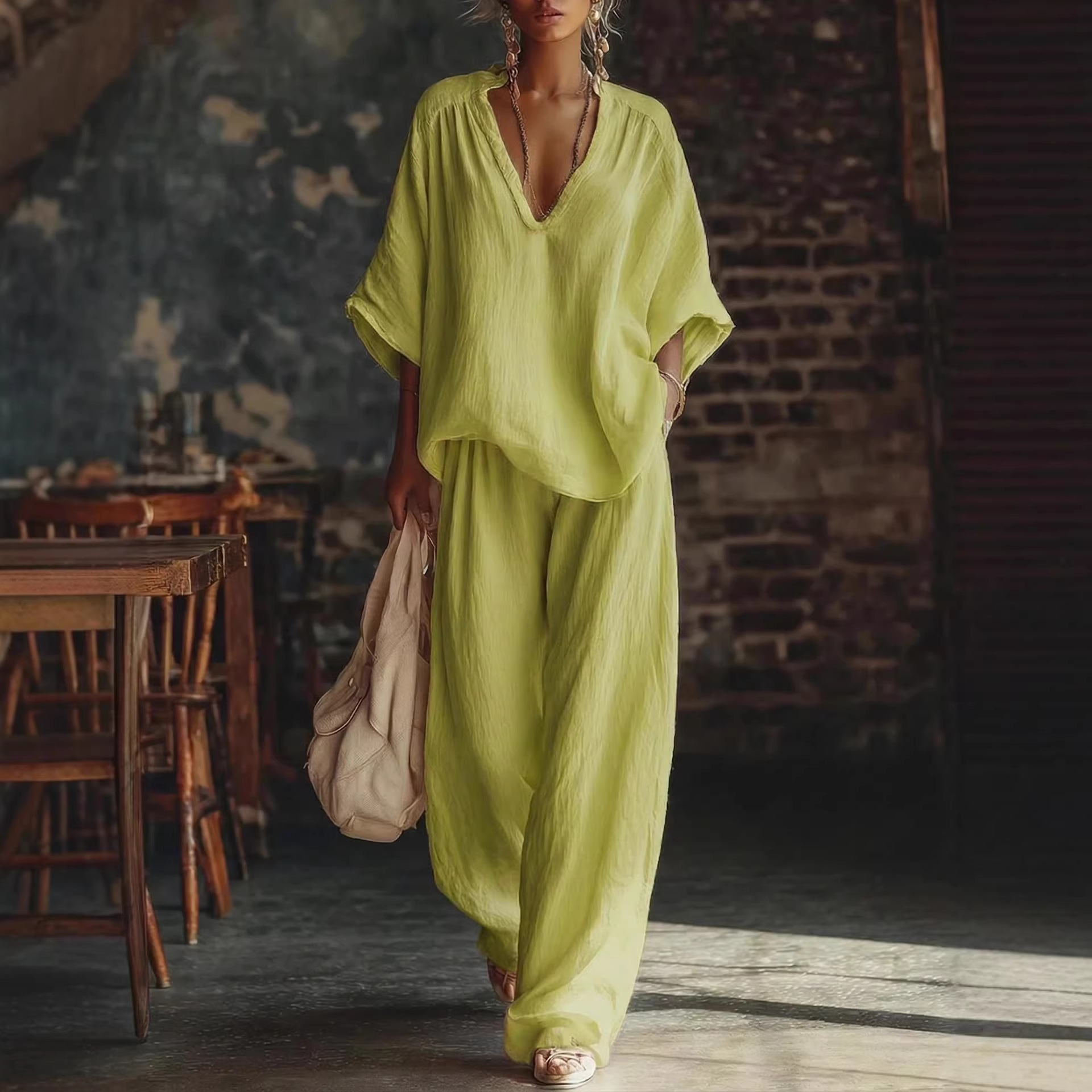 Ensemble de vêtements pour femmes, haut à manches courtes à col en V, pantalon large, style décontracté, pour le printemps et l'été, ensemble de 2 pièces pour les vacances