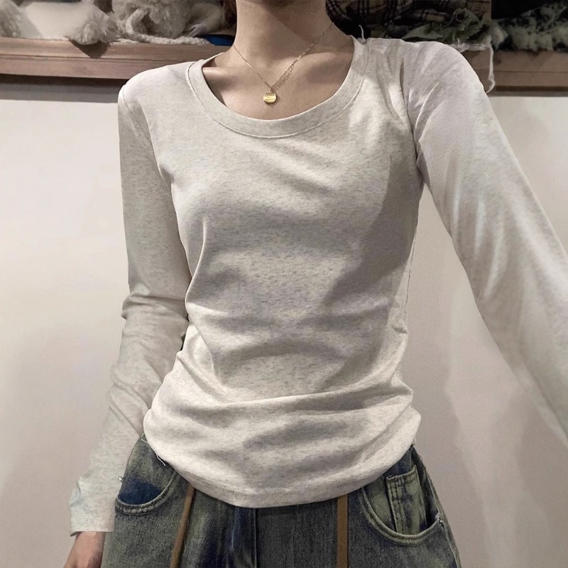 Vêtements pour femmes, tenue d'automne, t-shirt à col rond, manches longues, couleur unie, design tendance pour étudiantes, haut ajusté pour femme.