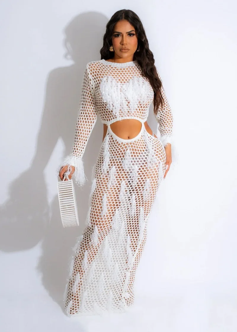 Mode femmes couvrir robe Sexy évider tricot glands vacances maillots de bain à manches longues dame Maxi robes de plage