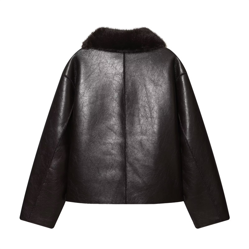 Veste femme 2025 automne/hiver nouveautés marron foncé à manches longues en simili cuir veste réversible élégante et Unique
