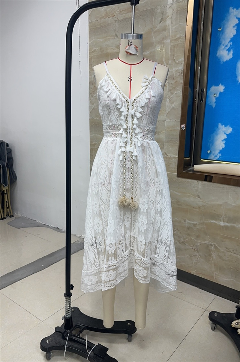 Robe longue en dentelle style Boho pour femme, vêtement de plage, taille haute, ligne A, été