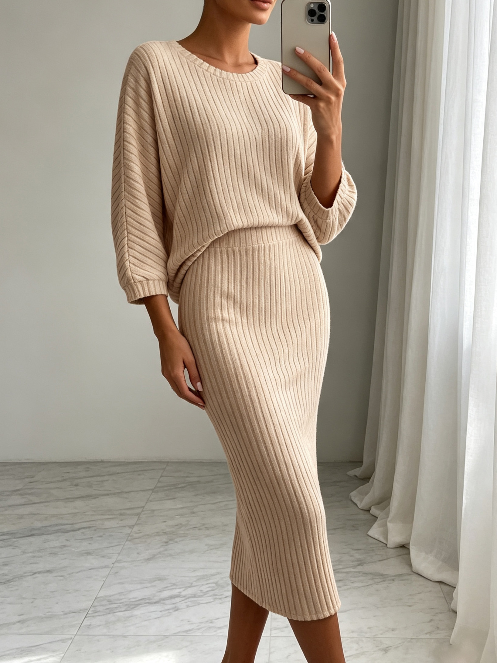 Ensemble de tenue en tricot pour femmes, 2 pièces, couleur unie, col rond, haut à manches longues, jupe midi, élégant, pour le bureau, pour les trajets domicile-travail
