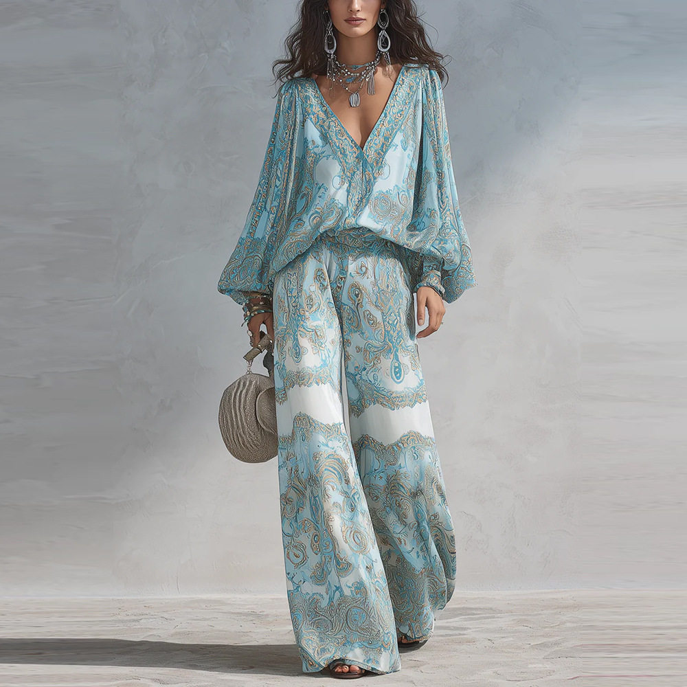 Ensemble deux pièces bohème pour femme, imprimé cachemire, sexy, col en V profond, chemisier à manches longues, pantalon large, tenue décontractée pour les vacances