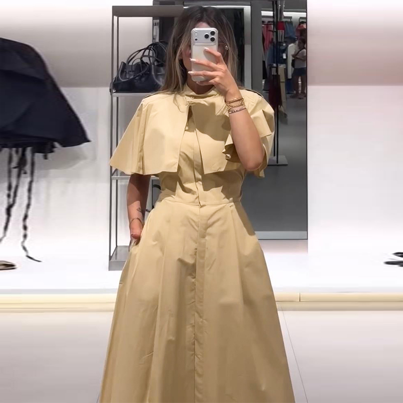 Robe chemise pour femme style cape, col rabattu, col montant, taille définie, coupe A-line, robe longue, vêtement de mode quotidienne.