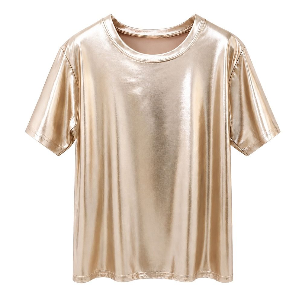 T-shirt d'été tendance en soie brillante à manches courtes, coupe ample, idéal pour la danse, pour femme