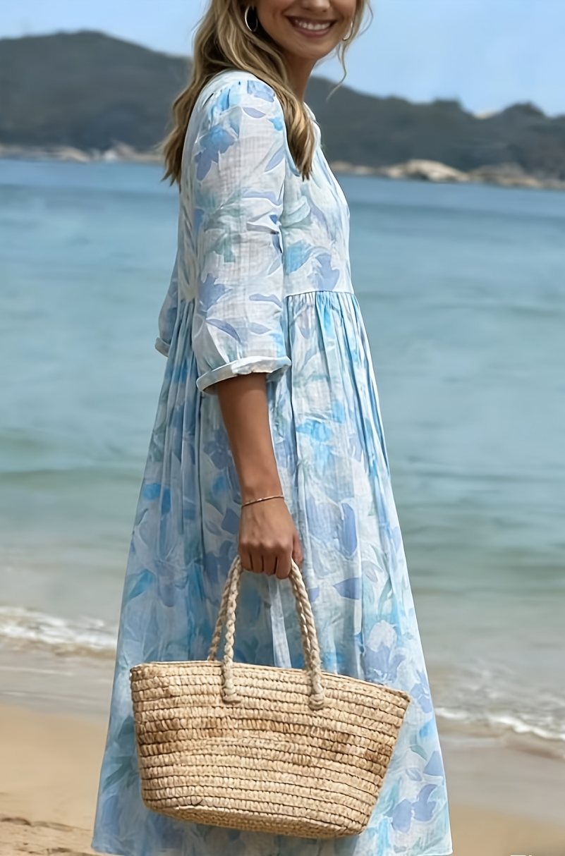 Robe florale aquarelle, robe longue fraîche de style français, jupe évasée taille haute à manches trois-quarts, robe de plage bleue et blanche pour les vacances, robe longue de style décontracté, robe respirante amincissante pour la pause thé, robe à imprimé artistique style forêt