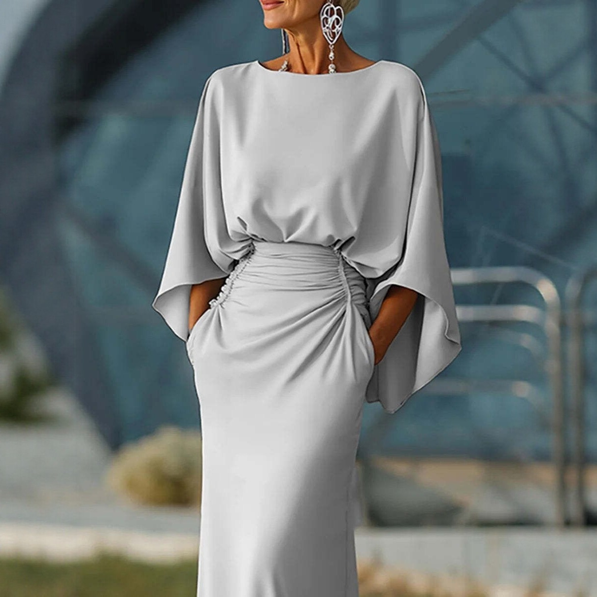 Robe longue bohème sexy dos nu pour femme, élégante, col rond, taille haute, manches chauve-souris, coupe droite ajustée, printemps-été