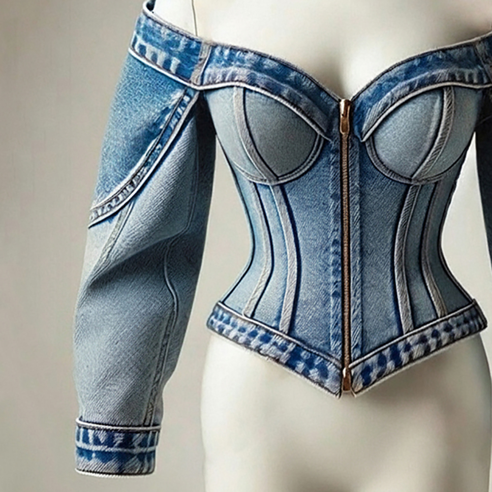 Veste en jean sexy pour femme, style corset, épaules dénudées, zippée, délavée vintage, coupe ajustée, manches longues, chic Y2K, streetwear, manteau d'extérieur