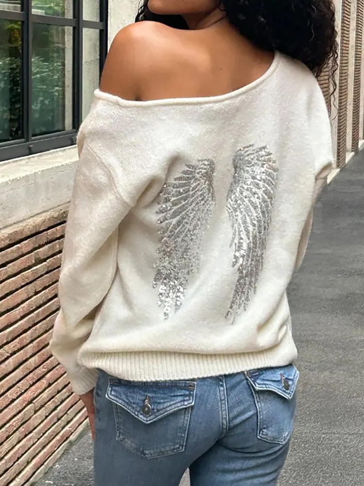 Pull à sequins pour femmes, à manches longues et épaules dénudées, coupe ample, en tricot doux, chemisier chic et décontracté pour les soirées et la rue, haut tricoté pour femmes.
