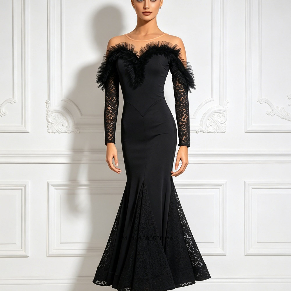 Robe de danse moderne à épaules dénudées pour femmes, manches longues, jupe évasée en dentelle, costume de danse de salon standard pour la compétition et la pratique