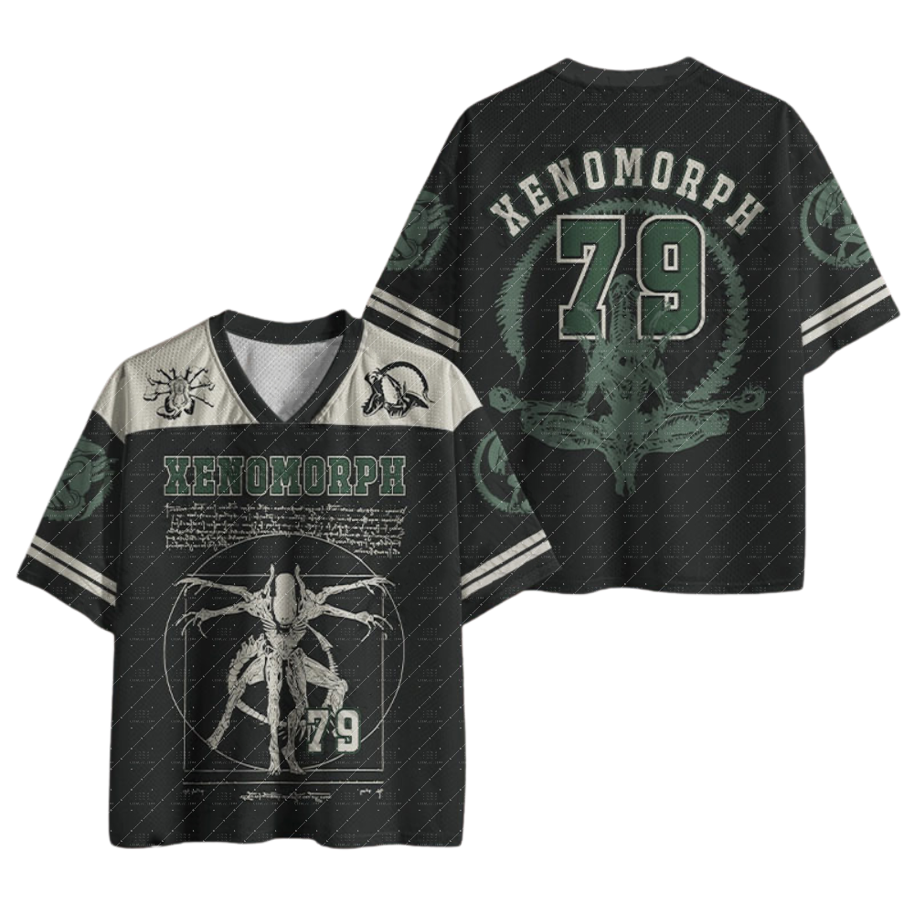 Maillot de football col en V vintage, imprimé avec un dessin technique d'extraterrestre de science-fiction numéro 79, manches rayées noir, crème et blanc, t-shirt de sport ample