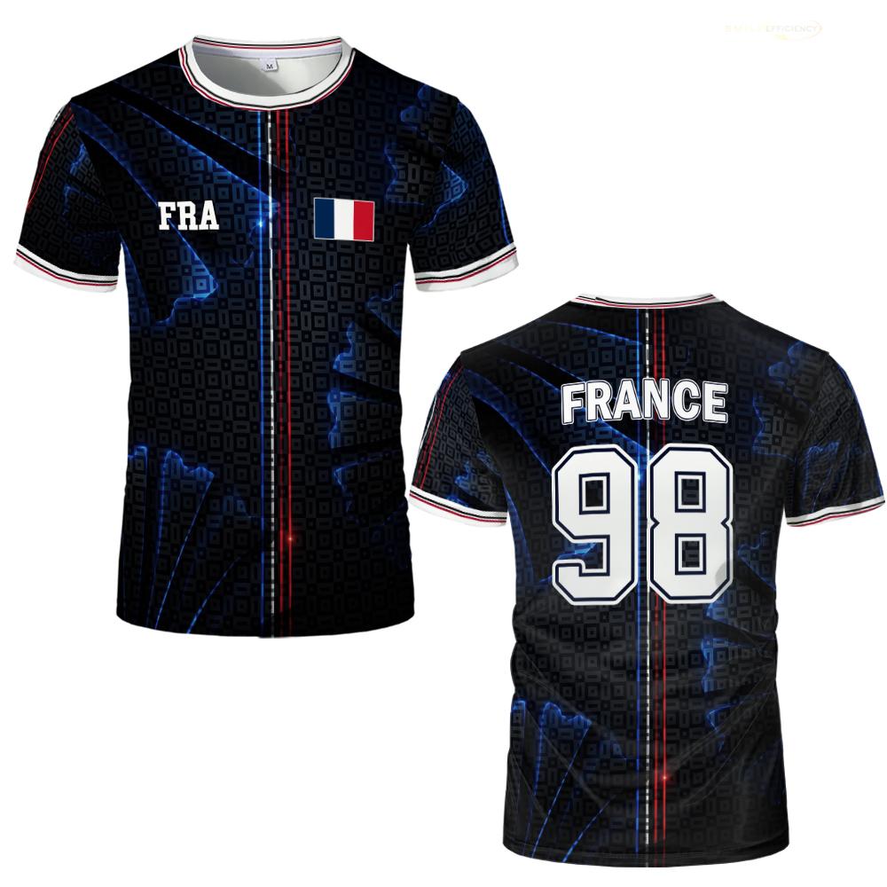 Maillot de football imprimé drapeau français, t-shirt d'été unisexe décontracté à manches courtes, pour l'entraînement sportif, respirant et à séchage rapide