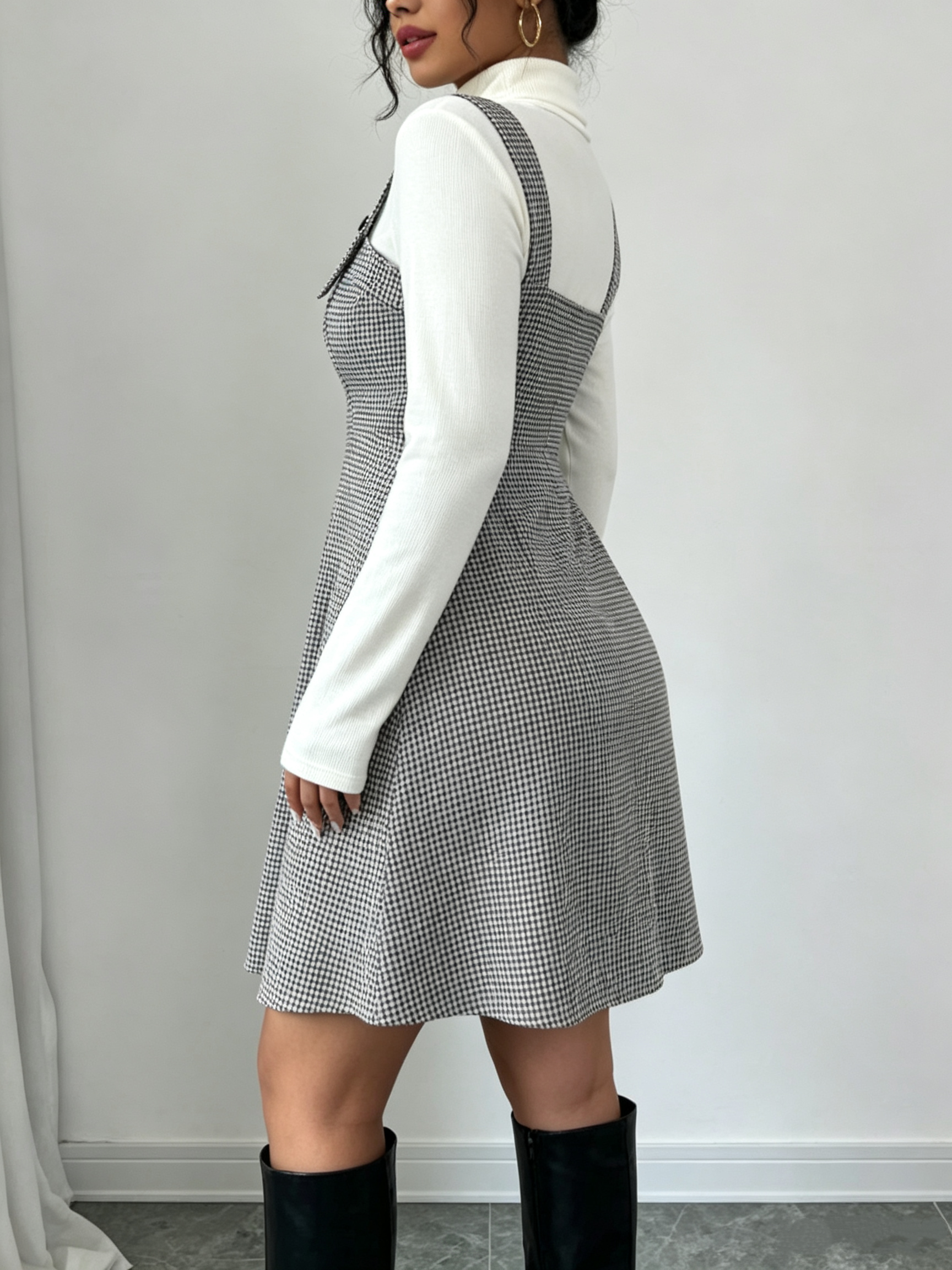 Robe salopette vintage pied-de-poule pour femme, taille haute, coupe trapèze, mini-robe sans manches avec bretelles boutonnées réglables