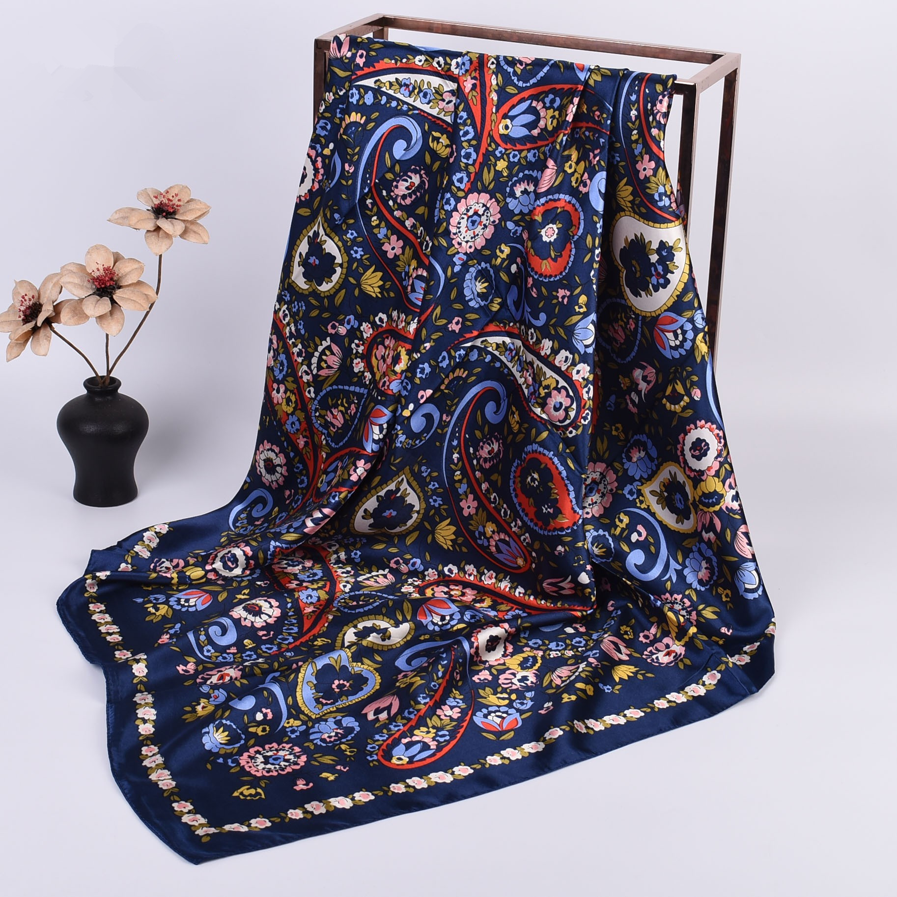 Foulard carré en soie pour femme 90x90cm, grande écharpe de luxe de marque, bandana imprimé, bandeau, hijab, écharpes et foulards pour femmes