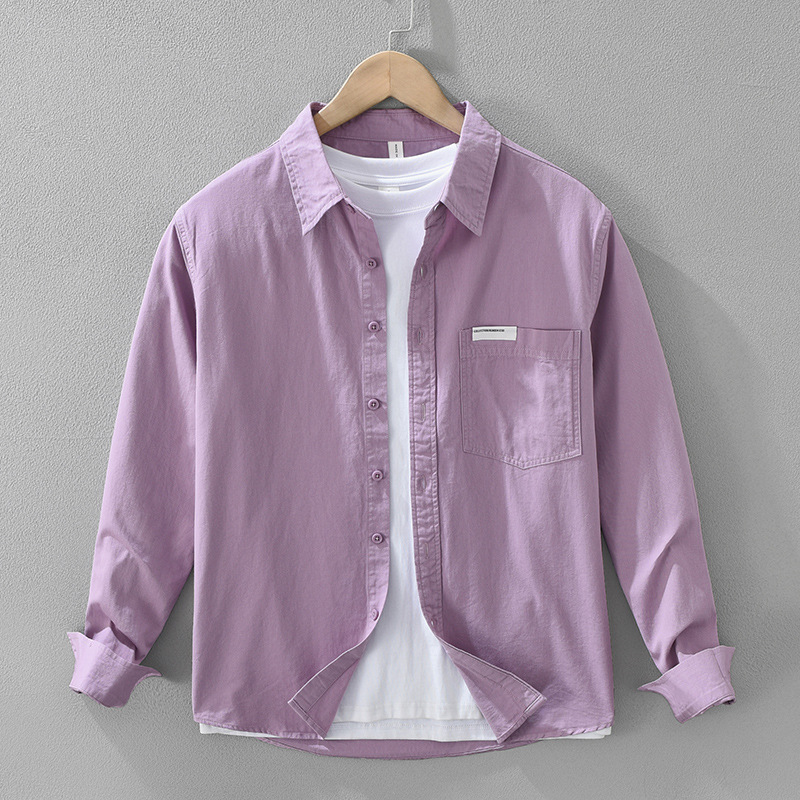 Chemise en pur coton à manches longues pour hommes, col boutonné, solide, décontracté, lourd, robe, poche