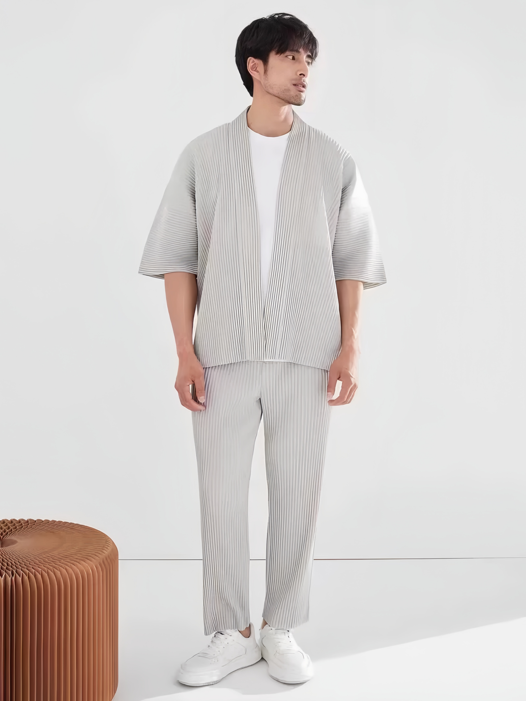 Veste Kimono Plissée Miyake pour Homme, Style Japonais, Manches Courtes, Ouverte sur le Devant, Cardigan Décontracté, Coupe Ample, Haut Streetwear