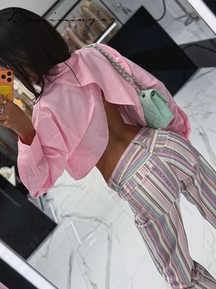Jean femme taille basse coupe droite jambe large à rayures arc-en-ciel color block avec fermetures éclair, Nouveauté 2026, style décontracté streetwear pour les vacances