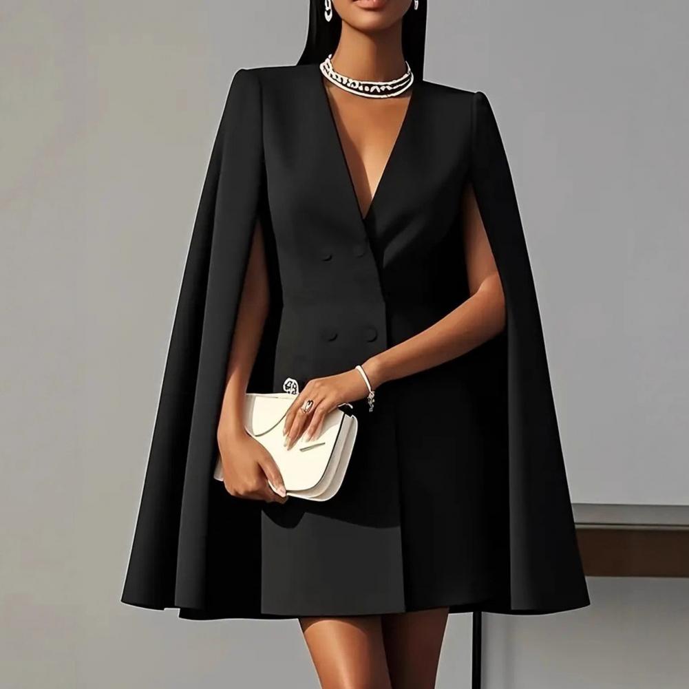 Robe Blazer de Bureau pour Femme, Col en V, Manches Fendues, Style Cape, Mini-Robe Professionnelle, Double Boutonnage, Jupe Longue