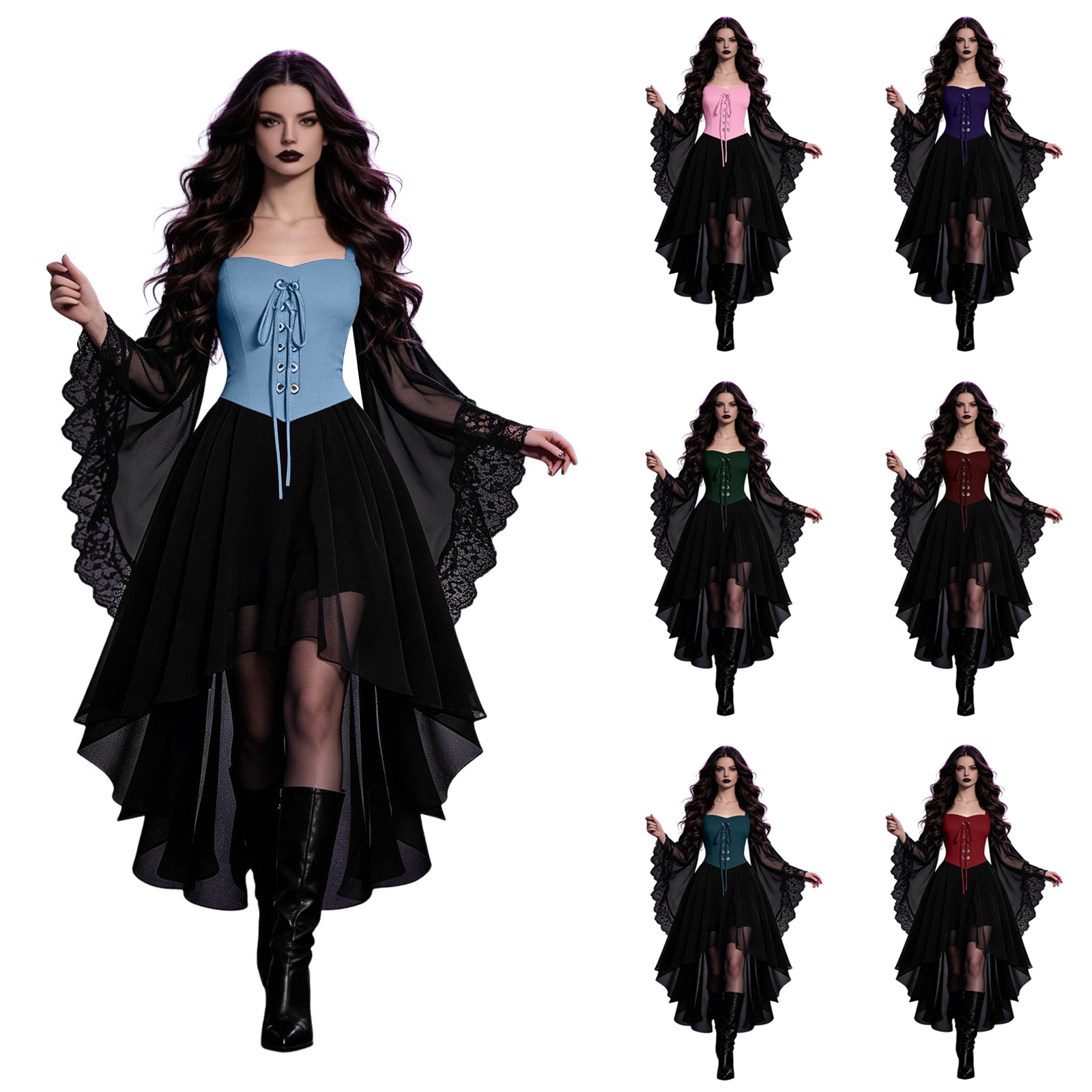 Robe de sorcière pour femme, cosplay de pirate, costumes médiévaux d'Halloween, robe élégante en mousseline de soie à manches papillon, robe gothique de la Renaissance