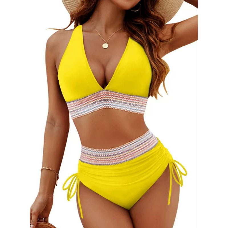 Ensemble de maillot de bain bikini sexy à col en V profond pour femme, collection été 2026, avec coussinets de poitrine, taille haute et cordon de serrage, style triangle