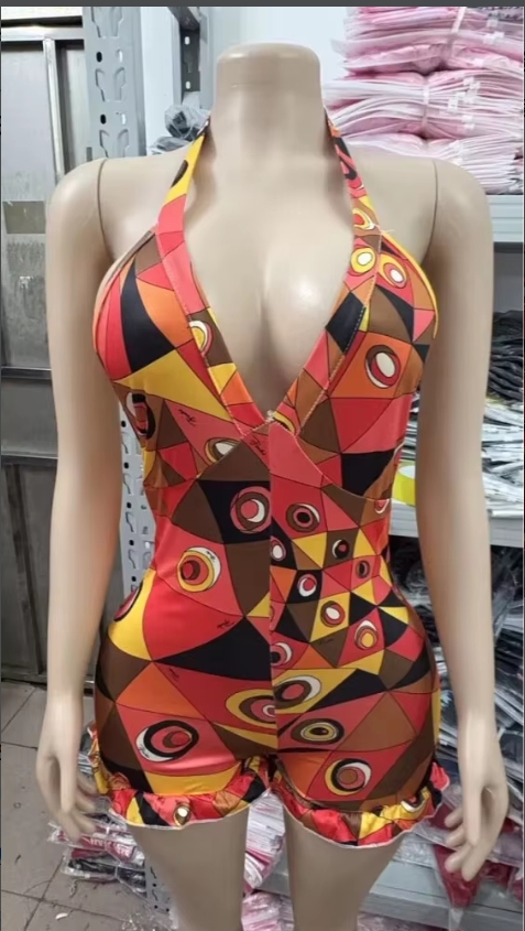 Combinaison Courte Chic Femme Imprimé Tribal Africain Wax Col Halter Dos Nu Col V Sexy Club Été 2026