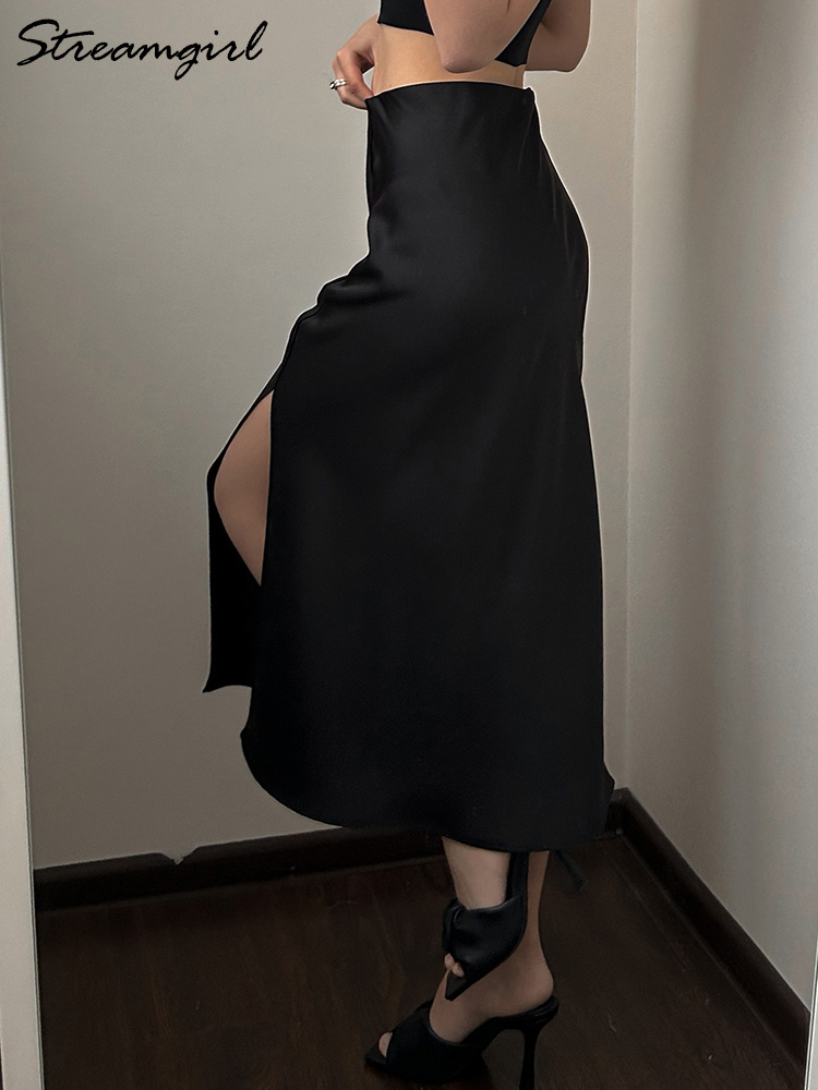 Jupe mi-longue en satin noir pour femme, taille élastique, fendue, bureau, ligne A, haute qualité