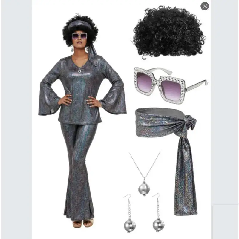 Costume de fête disco années 70 pour femme : haut, pantalon, lunettes de soleil, collier, boucles d'oreilles, perruque pour Halloween, Pâques et déguisements