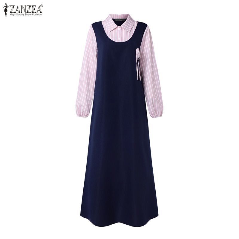 ZANZEA Robe Abaya musulmane patchwork rayée pour femme, Robe de Ramadan décontractée à manches longues, Robe longue ample style Dubaï, Kaftan Maxi