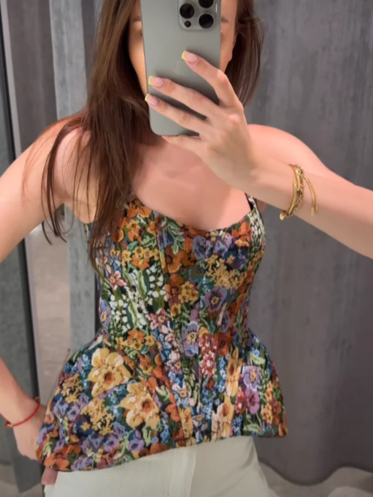 Nouveau débardeur corset vintage à fleurs, col carré, sans manches, coupe ajustée, style peplum, pour femme, idéal pour les vacances d'été
