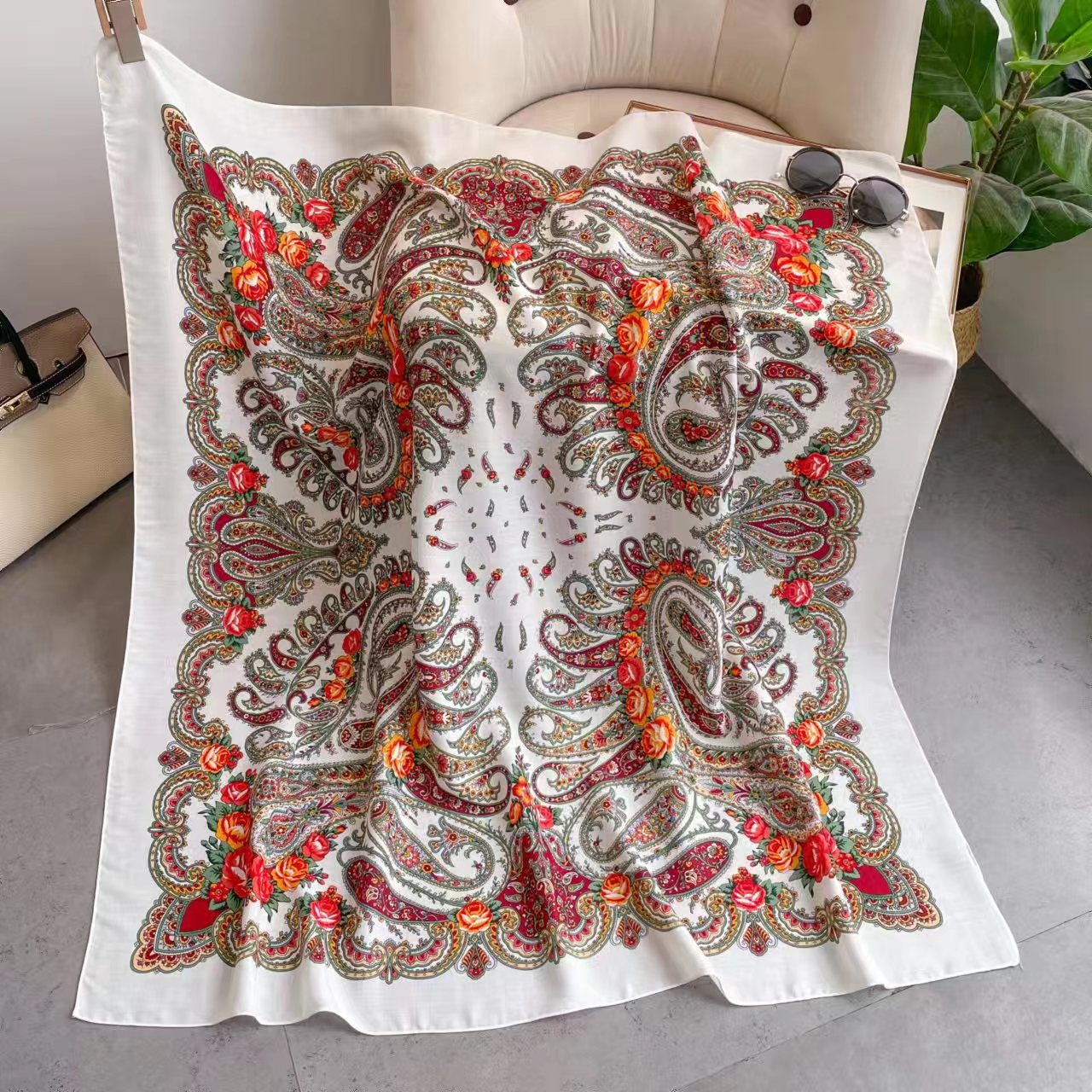 Foulard Russe à Imprimé Floral pour Femme, Hijab, Bandes de Sauna, Châles de Luxe, Grande Taille, Carré, Bandana, Mouchoir, Voile Babushka, 110x110cm