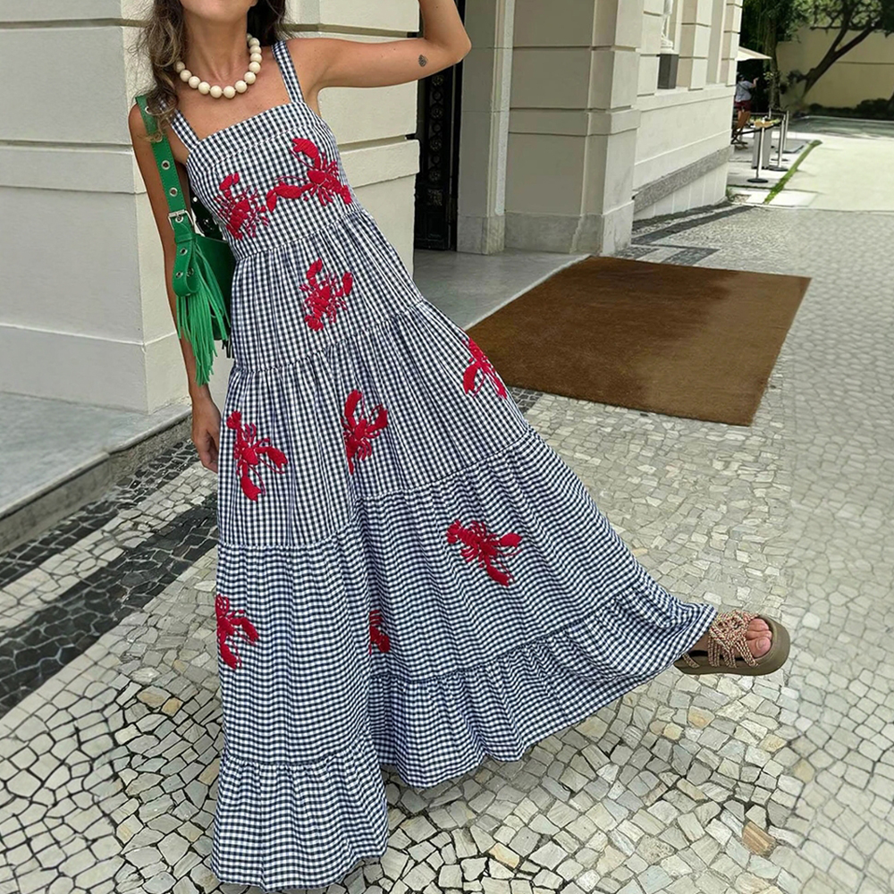 Robes d'été Chic à carreaux brodés de homard, sans manches, col carré, drapées superposées, robes de soirée mi-longues pour femmes