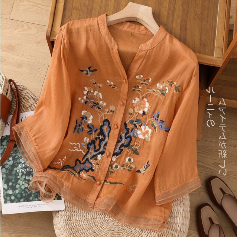 Chemises vintage brodées de luxe pour femmes, vêtements d'été, cardigan décontracté, manteau court, chemisiers à boutons patchwork, tendance