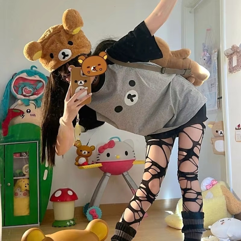 T-shirt pour femmes à imprimé Kawaii Rilakkuma, manches courtes raglan, col rond, ample et décontracté.
