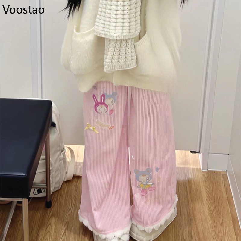 Pantalon en velours côtelé Style Lolita japonais Kawaii pour femmes, doux et mignon, broderie de dessin animé, pantalon décontracté, pantalon de survêtement de sous-culture Harajuku