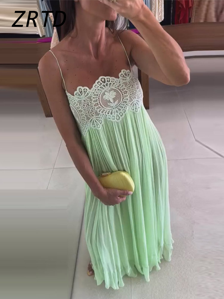 Robe longue d'été pour femme en dentelle florale, transparente, ajourée, plissée, à fines bretelles spaghetti, coupe ample, verte, 2026