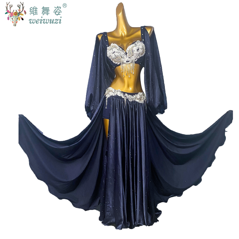 Ensemble de costumes de spectacle de danse du ventre pour femmes, soutien-gorge + jupe longue fendue en satin, 2 pièces, tenue de danse orientale personnalisée pour adultes et enfants