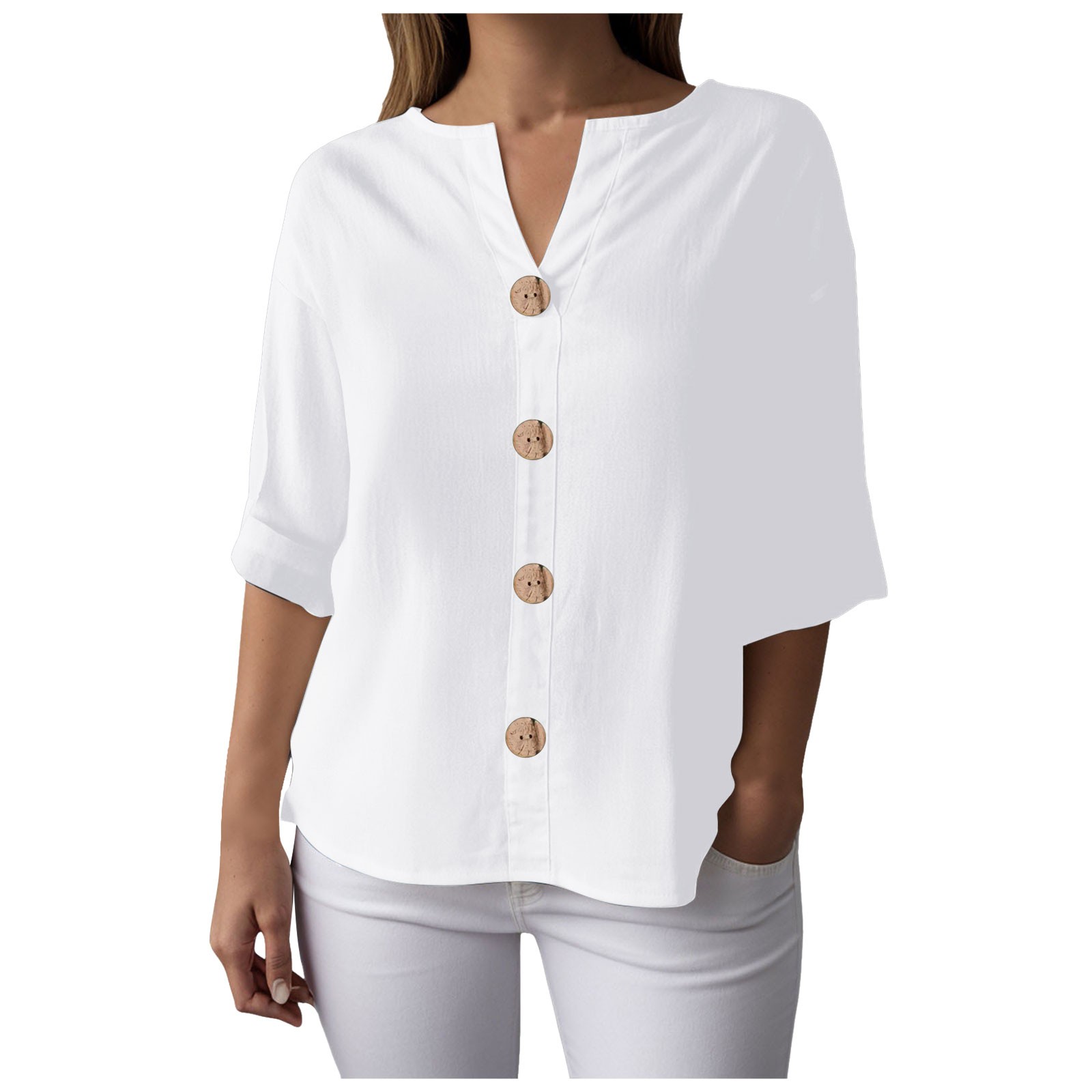Chemisier en mousseline pour femme, chemisier d'été en coton et lin, chemise longue élégante unie, t-shirt pour adolescentes, chemisiers et blouses à manches 3/4 pour femme